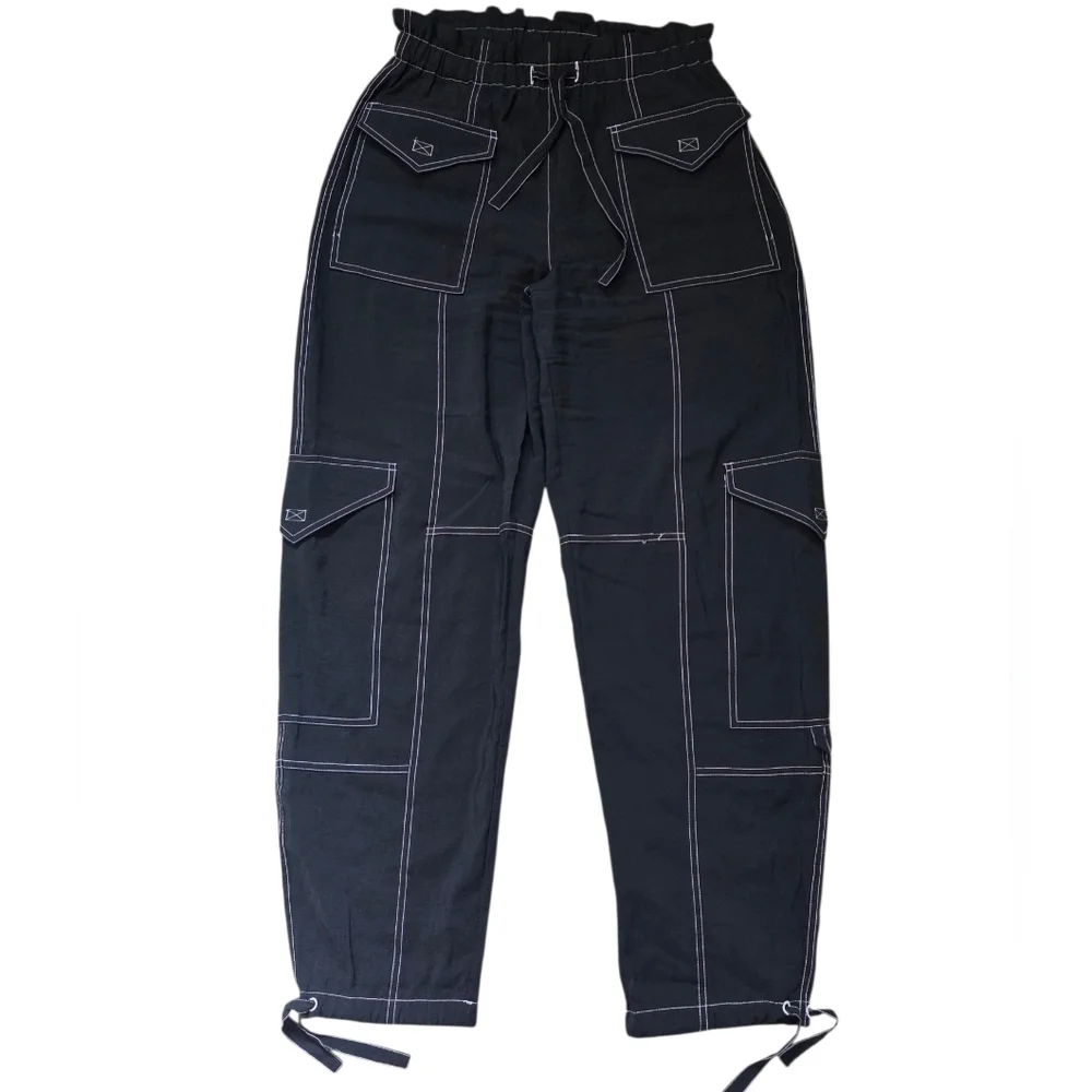 GANNI Wide Leg Cargo Pants Black with White Stitching Size 38 - Picture 9 of 11